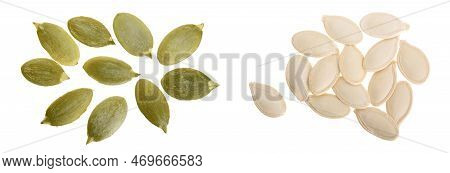 Pumpkin Seeds Or Pepitas, Isolated On White Background. Top View. Flat Lay