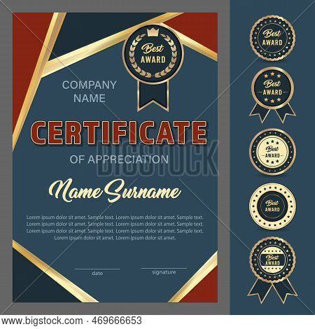 Certificate Of Appreciation Vertical Template And Best Award Label With Ribbon.