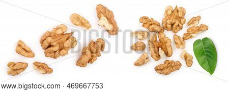 Peelled Walnuts Isolated On White Background With Copy Space For Your Text. Top View. Flat Lay