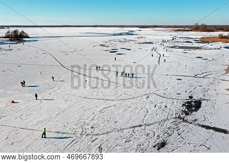 Aerial From Winterfun On The Bergumer Lake In Friesland The Netherlands