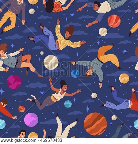 Flying People Seamless Pattern. Cute Guys And Girls In Free Fall, Soaring Among Stars And Planets, G