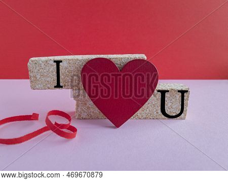 Lettering I Love You. Red Heart Surrounded By Letters I And You On Brick Blocks. Beautiful Red - Pin
