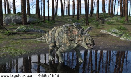 3d-illustration Of An Extincted Dinosaur Albertaceratops At A Pond