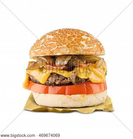 Special Hamburger With Bacon, Onion And Cheddar Isolated