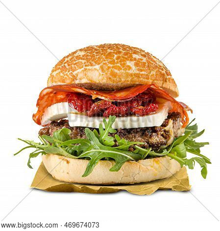 Special Hamburger With Salami, Tomatoes And Fresh Cheese