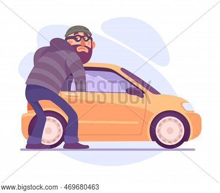 Bearded Man Criminal In Mask Breaking Car Committing Crime Vector Illustration