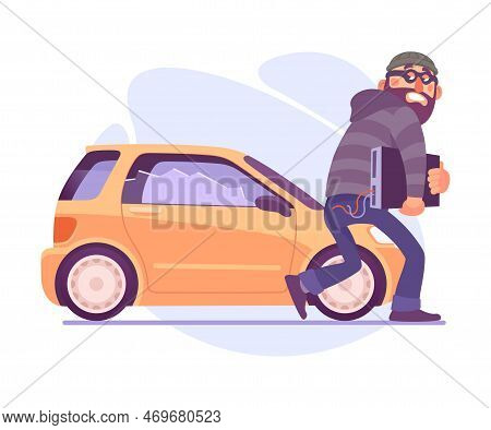 Bearded Man Criminal In Mask Breaking Car Committing Crime Vector Illustration
