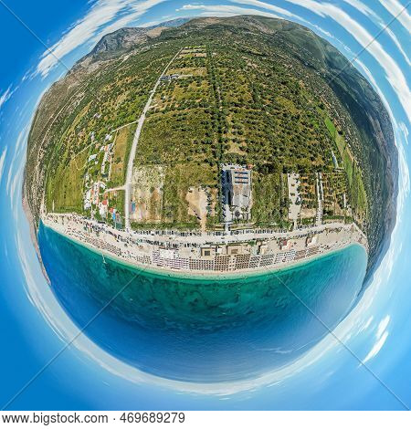 360 Panorama Of 7 Km Long Beach In Village Borsh, Albania In Summer 2022