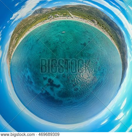 360 Panorama Of 7 Km Long Beach In Village Borsh, Albania In Summer 2022