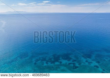 Horizon Of Adriatic Sea By Village Borsh With Turqouise Blue Sea Water Toward To Corfu Island, Alban
