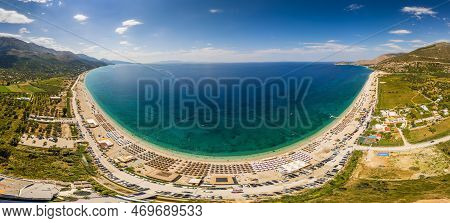 Large Panorama Of 7 Km Long Beach In Village Borsh, Albania In Summer 2022
