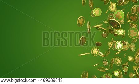 St. Patricks Day Abstract Golden Coins With Clover On Green Backdrop. Shamrock Leaves. Patrick Day B
