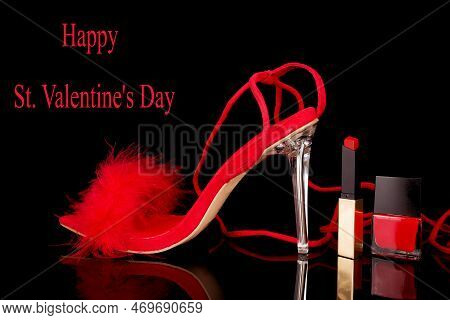 Sexy, Red Strappy High Heel Shoes With Box On A Black Background