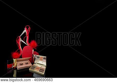 Sexy, Red Strappy High Heel Shoes With Box On A Black Background