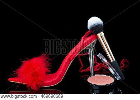 Sexy, Red Strappy High Heel Shoes With Box On A Black Background