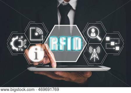 Rfid, Radio Frequency Identification Concept, Person Using Digital Tablet And Hand Touching Rfid Ico