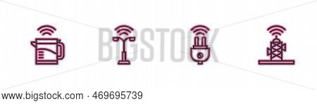Set Line Smart Electric Kettle, Plug, Street Light And Wireless Antenna Icon. Vector