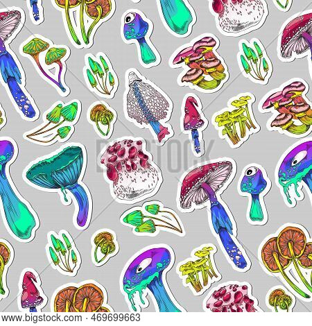 Seamless Pattern Background With Toadstools And Mushrooms Vector Illustration.