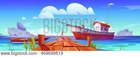 Fishing Boats At Pier In Lake, River Or Sea Harbor. Summer Landscape With Dock With Boardwalk, Woode