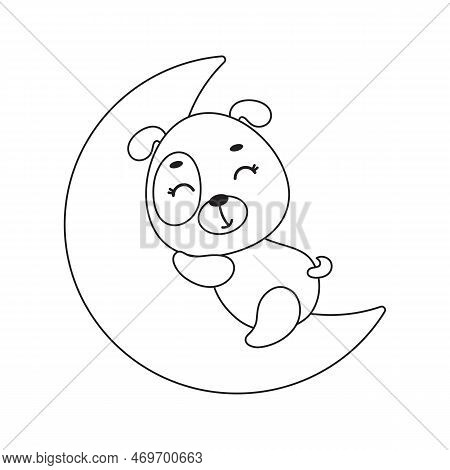 Coloring Page Cute Little Dog Sleeping On Moon. Coloring Book For Kids. Edudogional Activity For Pre