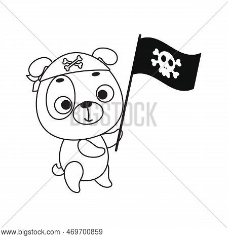 Coloring Page Cute Little Dog With Pirate Flag. Coloring Book For Kids. Edudogional Activity For Pre