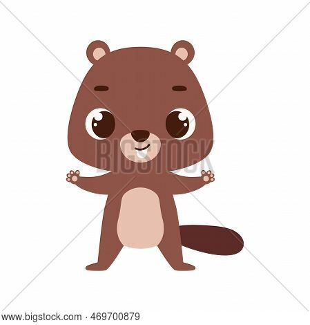 Cute Little Beaver On White Background. Cartoon Animal Character For Kids Cards, Baby Shower, Invita