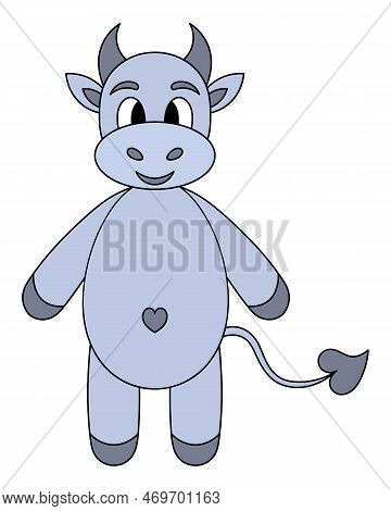 Little Gray Bull. Baby Cow With A Cute Belly. Calf. Vector Illustration. Cartoon Style. Isolated Bac