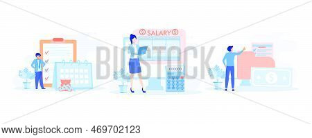 Financial Administration. Characters Calculating And Filling Salary Payslip And Payroll Report. Busi