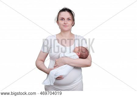 A Mother Woman With A Newly Born Newborn Baby In Her Arms, An Isolated On A White Background. A Chil