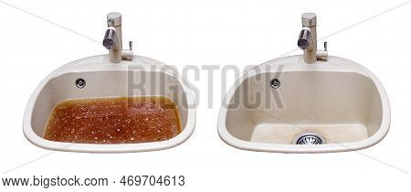Clearing A Blockage From A Sink In The Kitchen. Before And After Fixing The Blockage Problem, Isolat
