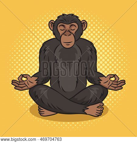 Chimpanzee Monkey Meditating In Lotus Position Pinup Pop Art Retro Raster Illustration. Comic Book S