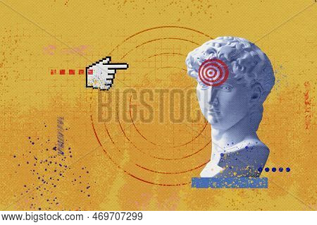 Collage Creative Modern Finger Mouse Cursor Points To A Target On An Antique Statue Of Davids Head. 