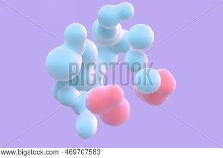3d Abstract Liquid Bubbles On Purple Background. Concept Of Science: Floating Morphing Spheres, Mole