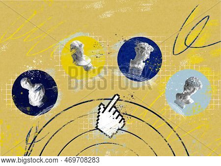 Creative Modern Collage Finger Mouse Cursor And Antique Statues. The Concept Of Digital Art Art And 