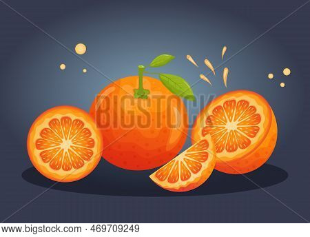 Juicy Orange And Slices Of Oranges. Whole Orange Fruit With Leaves, Half, Slice, Circle And Splash O