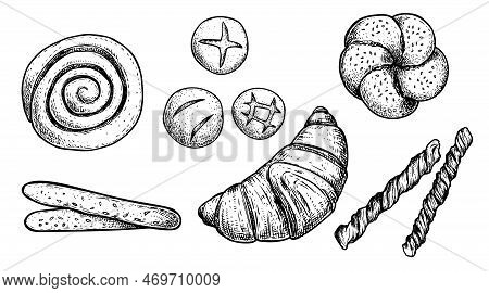 Hand Drawn Sketch Style Bakery Products Set. Cinnamon Bun, Bun With Poppy Seeds, Croissant And Sesam