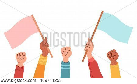 People Holding Flags On Protest Demostration Or Picket. People Against Violence, Discrimination, Hum