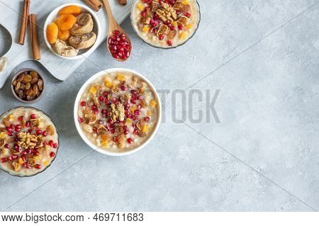 Traditional Turkish Delicious Mixed Dessert, Ashura (asure) With Pomegranate Seeds, Walnut, Apricot,