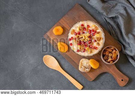 Traditional Turkish Delicious Mixed Dessert, Ashura (asure) With Pomegranate Seeds, Walnut, Apricot,