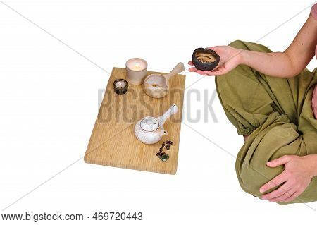Woman Hold A Chinese Tea Ceremony With A Teapot, Isolated On A White Background