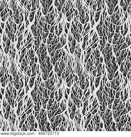 Seamless  Pattern. Rhizomes Filiform White On A Black Background. Texture Monochrome