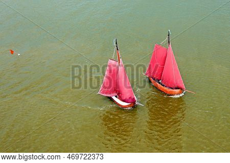 Aerial Top Shot From Traditional Dutch Wooden Boats At The Ijsselmeer Near The Harbor From Laaxum In