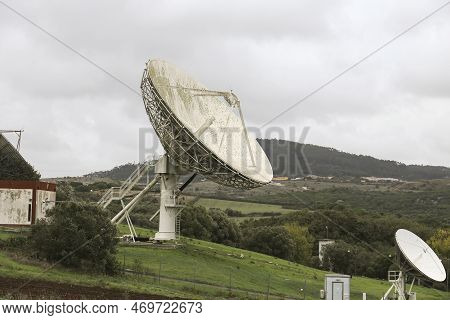 Lisbon, Portugal- November 21, 2022: Communication Satellite Dish Complex Of Marconi Company In Port