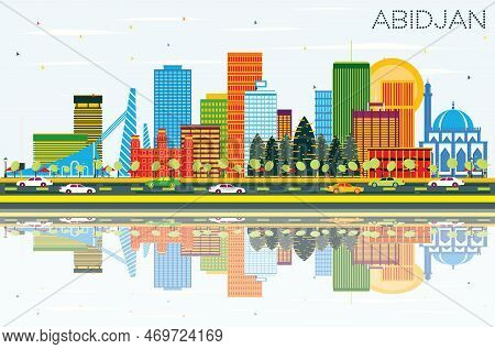 Abidjan Ivory Coast City Skyline With Color Buildings, Blue Sky And Reflections. Vector Illustration