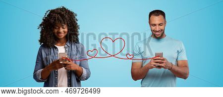 Virtual Romance. Young Black Couple Messaging Online On Smartphones Conncected With Heart