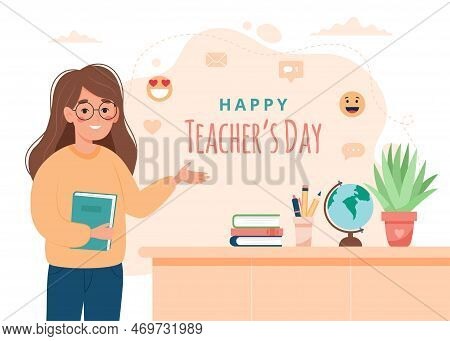 Female Teacher In Classroom. School And Learning Concept, Teacher S Day. Cute Vector Illustration In