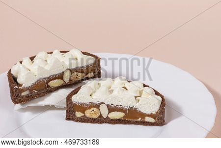 Tartlet With Caramel And Cream Filling, Shortbread Dough Tartlets With Cottage Cheese Cream And Salt