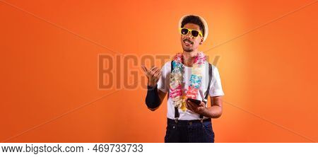 Carnival Brazilian Outfit. Black Man With Carnival Costume Holding Mobile
