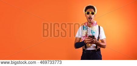 Carnival Brazilian Outfit. Black Man With Carnival Costume Holding Mobile