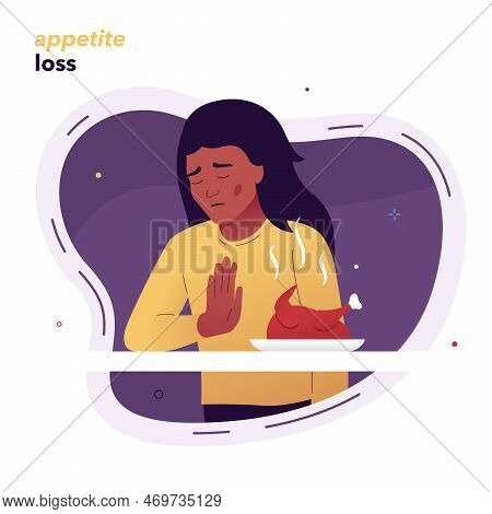 The Girl Does Not Want To Eat Because Of Loss Of Appetite. Vector Illustration Of A Girl Who Refuses